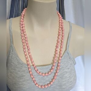 Extra Long Pink Beaded Necklace 54" Marbled Beads Boho Vintage